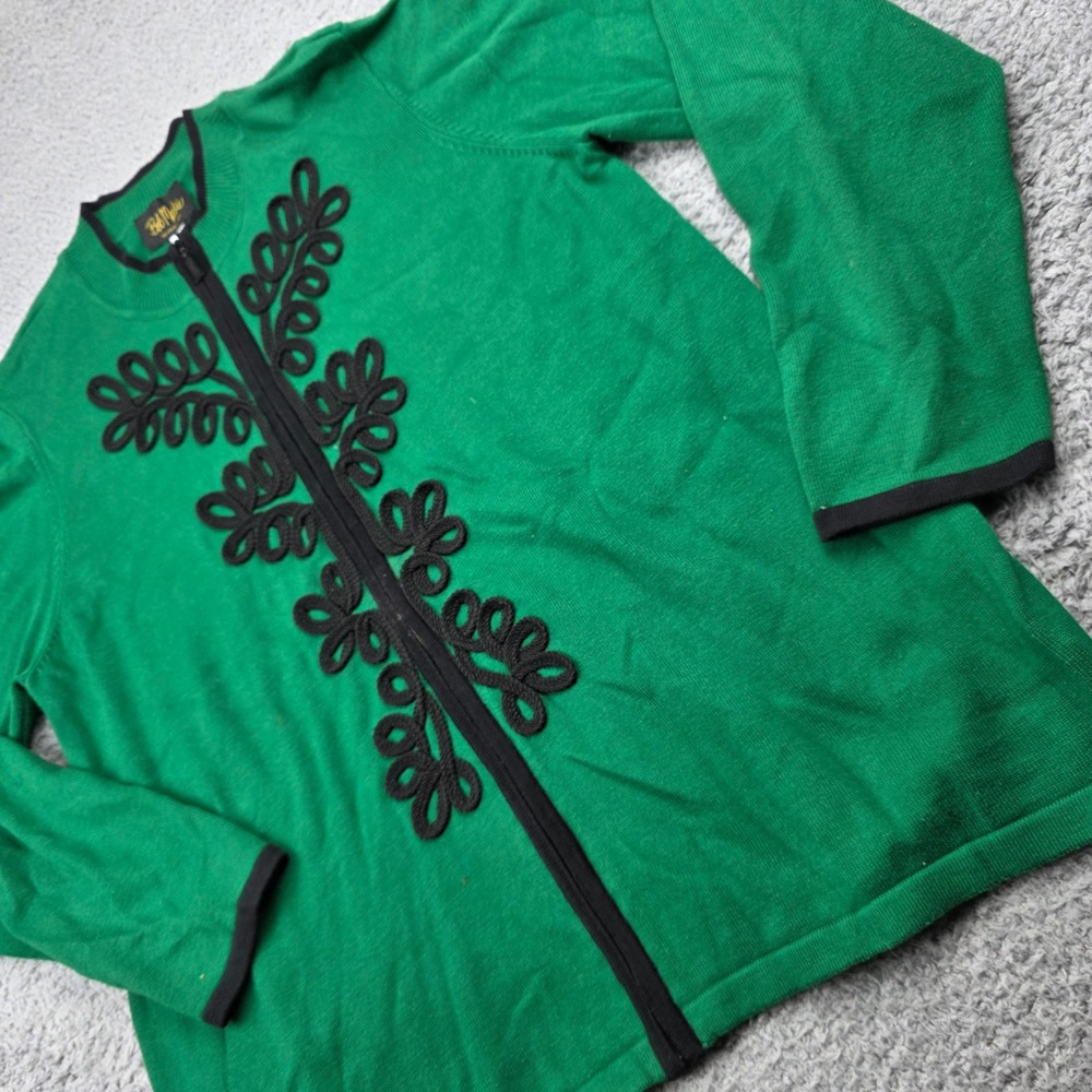 Bob Mackie Wearable Art Green Zip Front Cardigan Sweater XL Cotton Blend Vintage